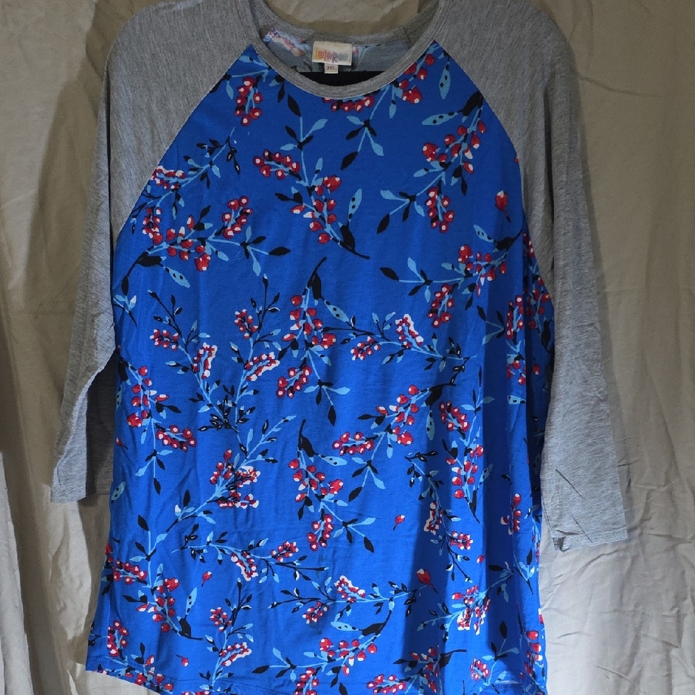 LuLaRoe Blue Floral Top with Gray Sleeves